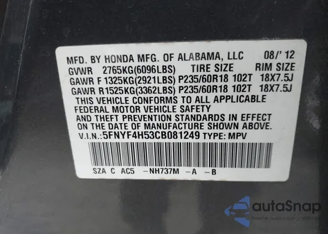 2012 Honda Pilot Ex-L from USA, damaged, VIN 5FNYF4H53CB081249